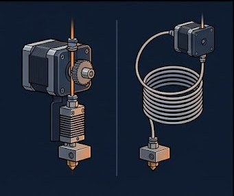 Direct drive extruder motor mounted on hotend compared to Bowden tube setup with remote motor
