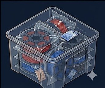 Sealed filament storage container with multiple spools and silica gel desiccant packs