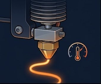 3D printer nozzle extruding filament at calibrated temperature