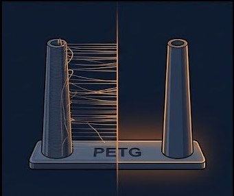 PETG print showing stringing before calibration versus clean result after settings tuning