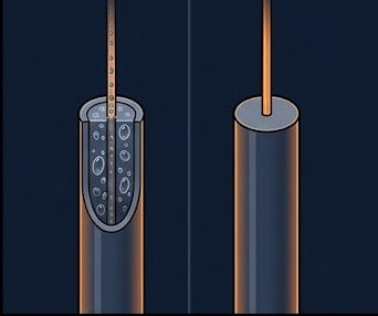 Cross-section comparison of wet filament with moisture voids versus clean dry filament strand